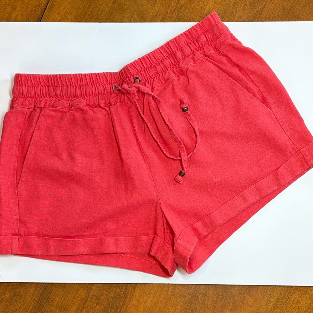 Love Tree Elastic Waist Linen Blend Soft Orange-Red Shorts, Medium